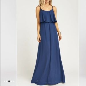 Show Me Your Mumu Maxi Dress XS Navy Ruffle Bridesmaid Wedding Formal Gown NEW